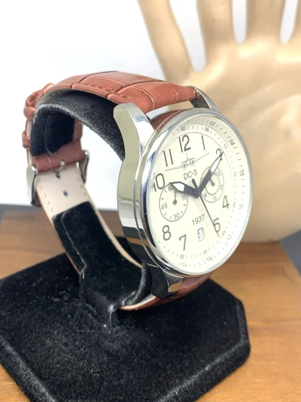 DC-3 Men's Watch 1499 Aviator Quartz Chronograph Brown Leather Strap 45mm